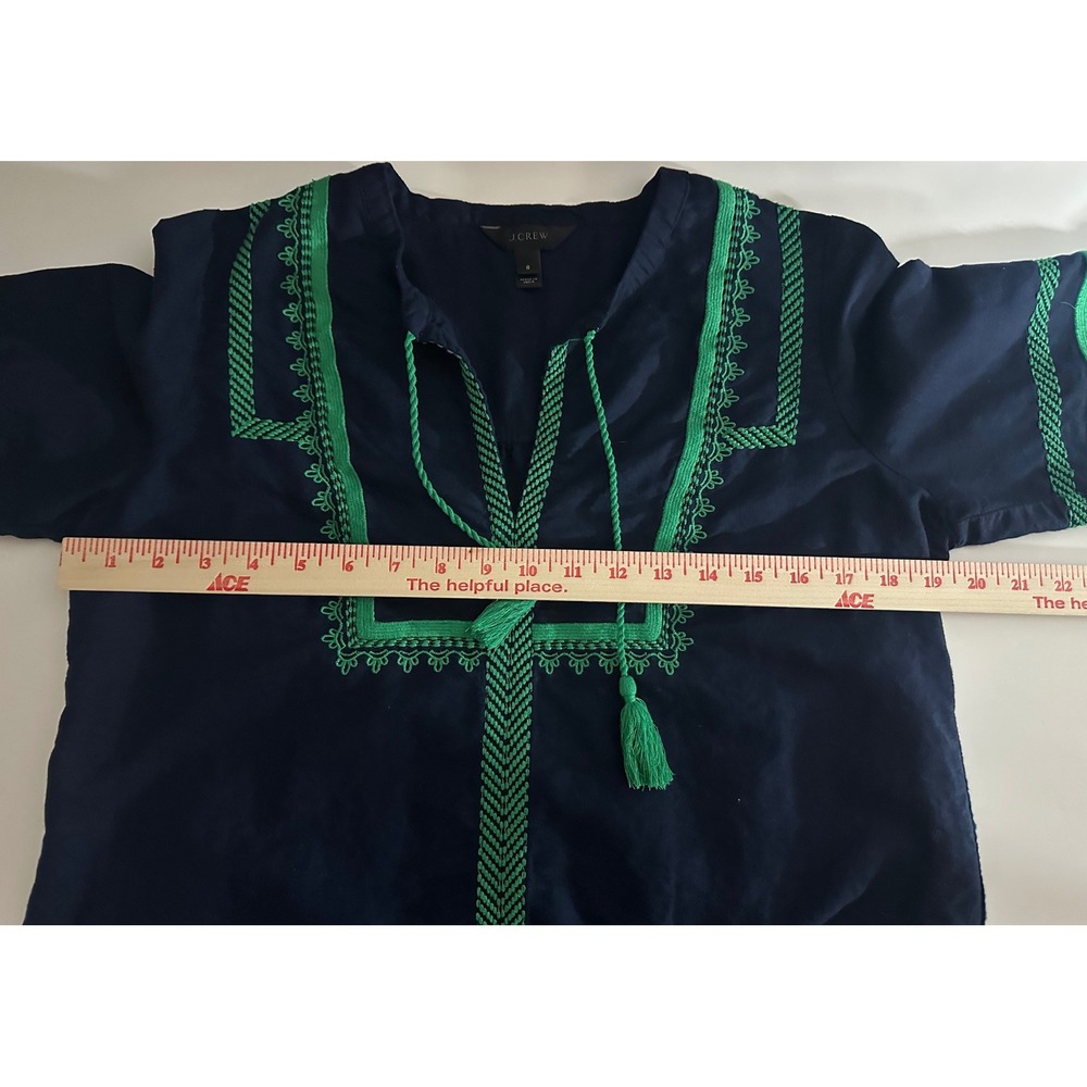 J.Crew Embroidered Boho Peasant Tassel Top Sz 8 Linen Cotton Navy Blue Green - Picture 6 of 12